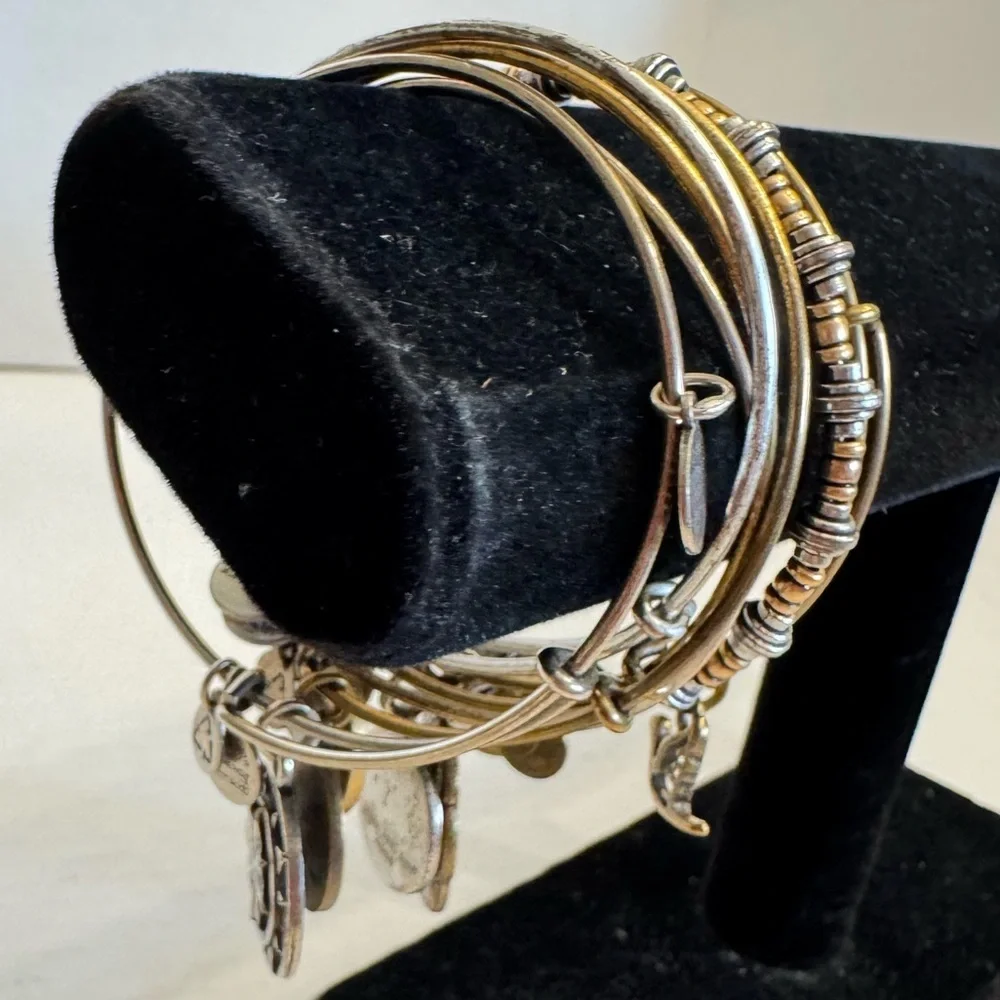 Alex And Ani Bracelet Lot 7pc Gold  & Silver Tone Beaded Charm Bangles Stackable